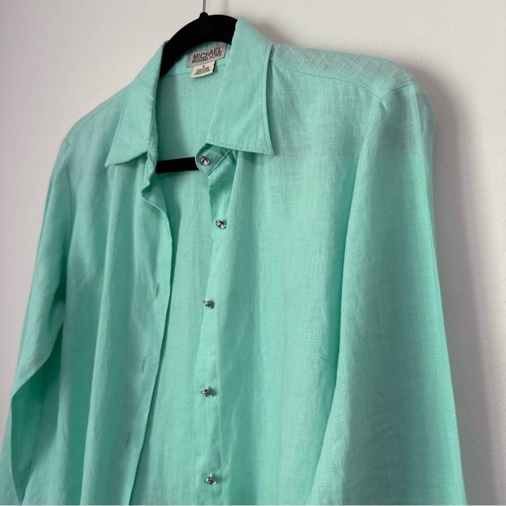 Michael Kors Mint Green 100% Linen Button Down with Crystal Buttons, size 6
